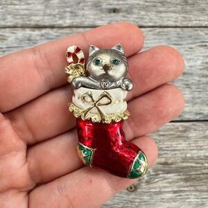 Vintage Jewelry Cat in Stocking Brooch Christmas Cat Pin Christmas Cat jewelry